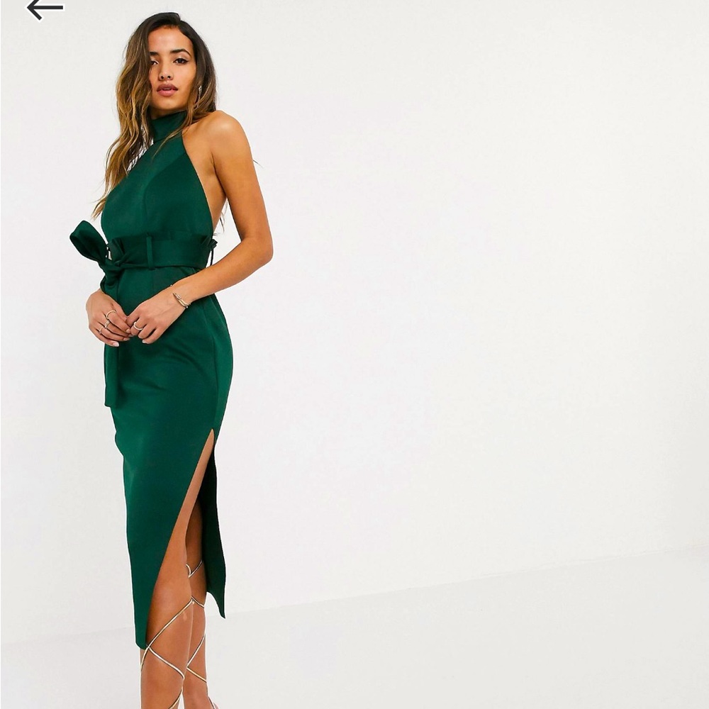 Green open back midi pencil dress
